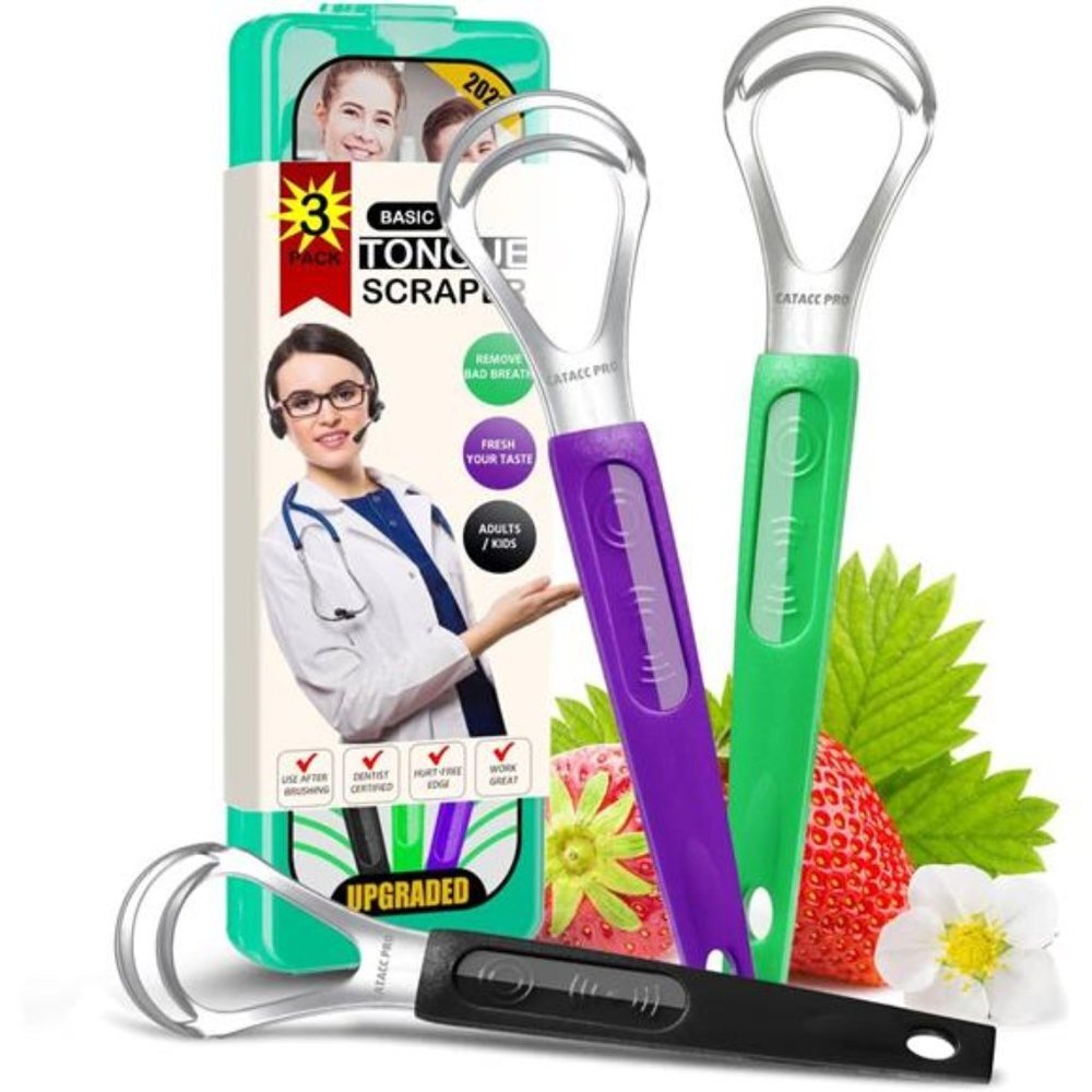 3-Pack Tongue Scraper with Travel Case, Professional Metal Tounge Scraper